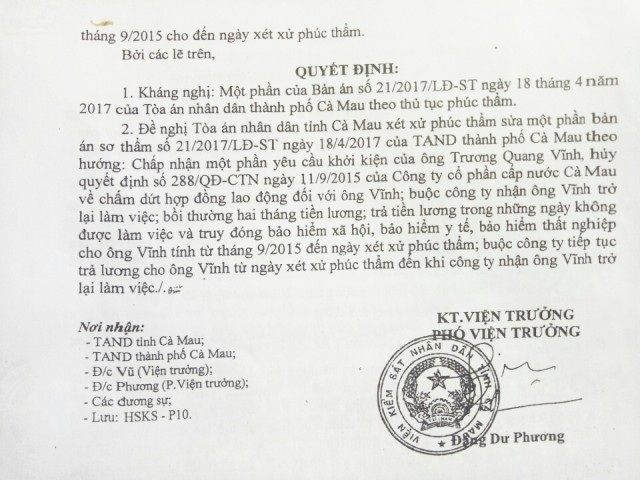 Viện KSND tỉnh Cà Mau kháng nghị vụ “cơ quan chức năng kết luận sai, tòa phán đúng”! - 3 Viện KSND tỉnh Cà Mau nhận định, việc công ty cho người lao động nghỉ việc là vi phạm Khoản 2, Điều 46 Bộ luật Lao động. Từ đó, Viện KSND tỉnh Cà Mau đã Kháng nghị một phần bản án của TAND tỉnh Cà Mau, theo hướng xét xử nhận lại người lao động và giải quyết các chế độ đúng quy định.