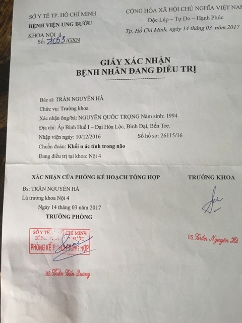 Chàng thanh niên tan vỡ ước mơ vì bệnh ung thư não - 4 Giấy xác nhận điều trị bệnh của Trọng