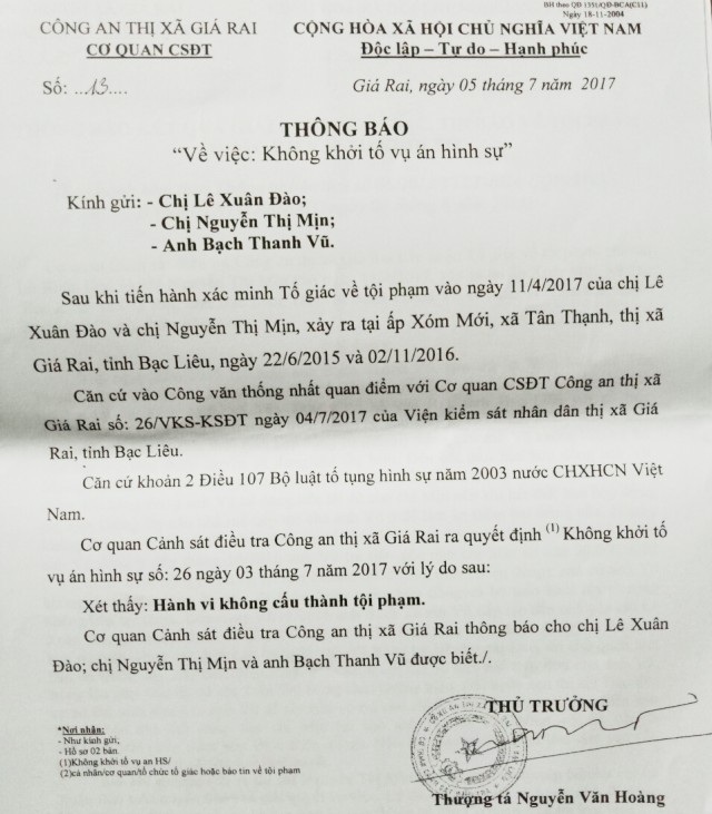 Hai phụ nữ ở Bạc Liêu kêu cứu vì giúp bạn... phải ôm nợ oan! - 5 Thông báo không khởi tố vụ án hình sự của Cơ quan Cảnh sát điều tra Công an thị xã Giá Rai.