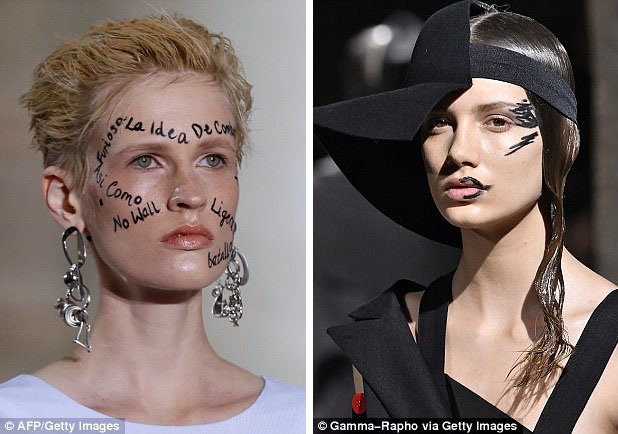 Các đường kẻ mắt được thực hiện với phong cách táo bạo, phá cách, tựa như những hình xăm xuất hiện trong show của nhà mốt Liselore Frowijn (trái) và Yohji Yamamoto (phải).