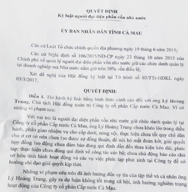 Cà Mau: Sa thải vô cớ người lao động, cơ quan chức năng kết luận sai, tòa “phán” đúng! - 2 Quyết định kỷ luật sai phạm đối với ông Lý Hoàng Trung- Chủ tịch HĐQT Công ty Cấp nước Cà Mau, nhưng TAND TP Cà Mau lại phán phía công ty đúng, bác đơn khởi kiện của người lao động.
