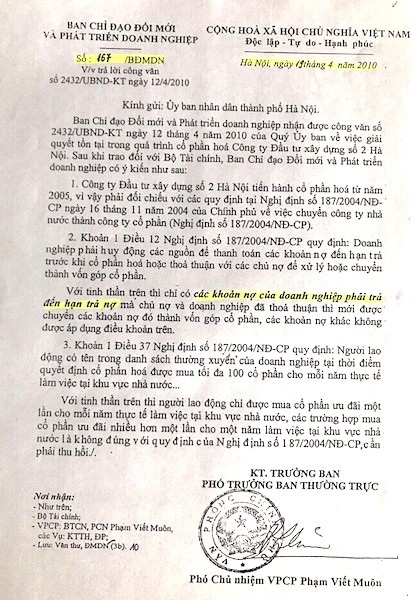 Vụ cổ phần hóa HACINCO: Ban chỉ đạo đổi mới và phát triển DN từng ý kiến ra sao? - 3
Ngày 19/4/2010, Phó chủ nhiệm Văn phòng Chính phủ Phạm Viết Muôn - Phó trưởng ban thường trực Ban chỉ đạo đổi mới và phát triển doanh nghiệp đã ký Công văn số 167/BĐMDN gửi UBND TP Hà Nội.