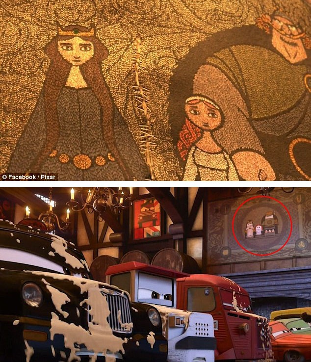 Bức phù điêu khắc họa gia đình công chúa Merida (giữa), nàng công chúa trong “Brave” (Công chúa tóc xù - 2012), rất giống với bức tranh trang trí trên lò sưởi trong “Cars 2” (Vương quốc xe hơi 2 - 2011).