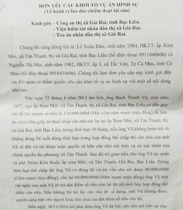 Hai phụ nữ ở Bạc Liêu kêu cứu vì giúp bạn... phải ôm nợ oan! - 4 Đơn yêu cầu của bà Nguyễn Thị Mịn và Lê Xuân Đào đề nghị xử lý dấu hiệu hành vi lừa đảo chiếm đoạt tài sản của ông Bạch Thanh Vũ.