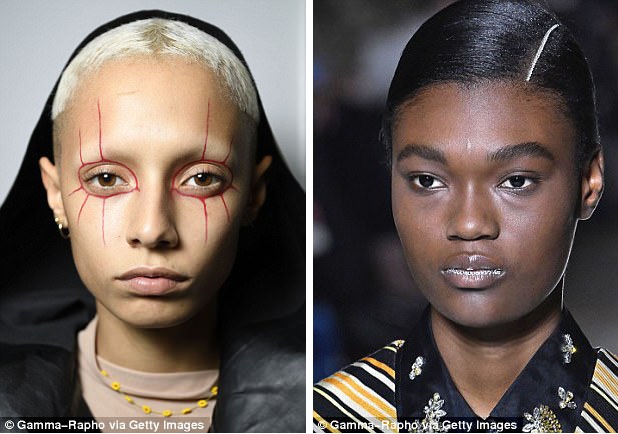 Vẽ mắt hình “mạng nhện” xuất hiện trong show của nhà mốt Ashley Williams (trái). Các hạt thủy tinh được gắn trên môi và đường xẻ của mái tóc trong show của nhà mốt Dries Van Noten (phải).