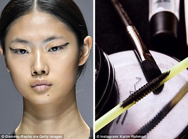 Thay vì vẽ mắt mèo, người mẫu xuất hiện trong show của Lanvin được chuyên gia trang điểm vẽ mắt bằng cách bôi mực lên ống hút và đem “áp” lên mí mắt.