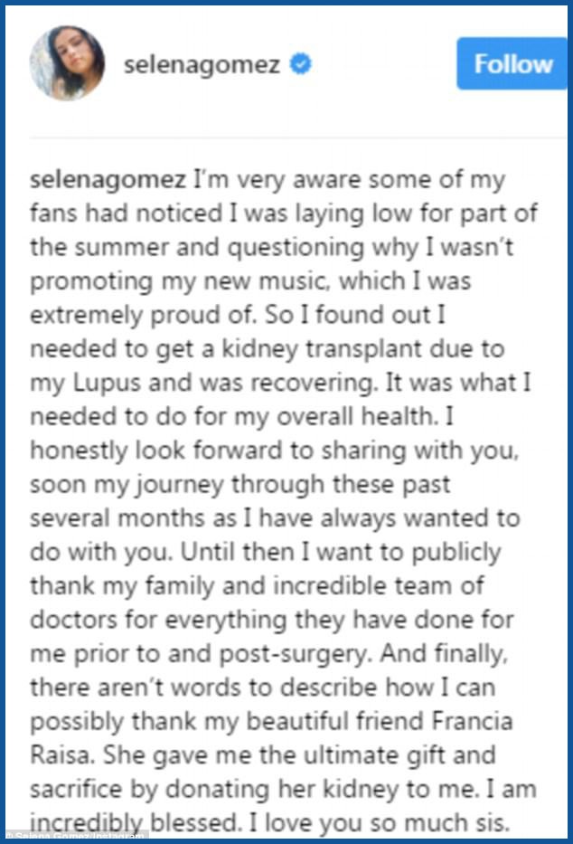 Ngỡ ngàng về một tình bạn tuyệt vời trong showbiz - 9 Đăng tải trên mạng xã hội của Selena Gomez chia sẻ về ca phẫu thuật.