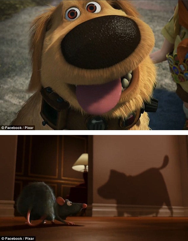 Nhân vật chú chó Doug trong “Up!” (Vút bay - 2009) được thể hiện trong hình ảnh chiếc bóng trong phim “Ratatouille” (Chuột đầu bếp - 2007).