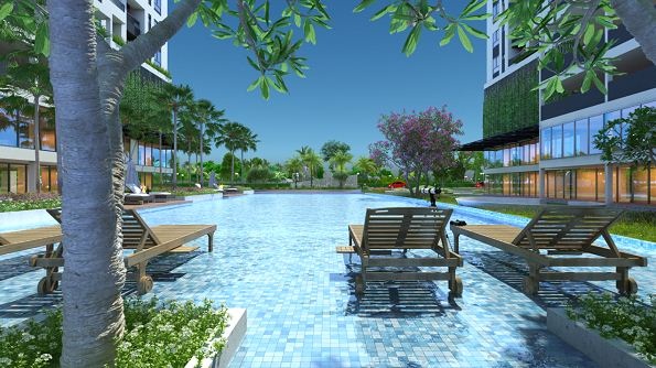 Nhà ở ven sông hút khách - 8 Hồ bơi xanh mát với những ghế nằm thư giãn dưới tán cây xanh, nắng chan hòa dịu nhẹ.