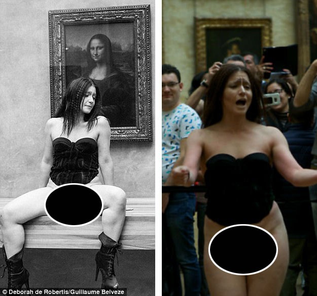 Ra tòa vì “thoát y” trước nàng Mona Lisa - 1 Người phụ nữ có tên Deborah de Robertis (ảnh phải) đã lặp lại hành động tương tự mà một người phụ nữ khác từng thực hiện hồi thập niên 1970. Ảnh trái là một phụ nữ người Áo tự xưng là nghệ sĩ trình diễn có tên Valie Export.