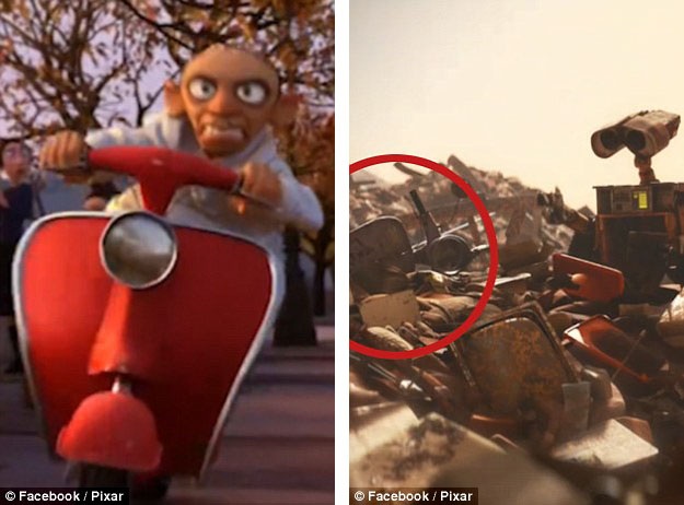 Chiếc xe của nhân vật phản diện Skinner trong “Ratatouille” (Chuột đầu bếp - 2007) xuất hiện trong đống phế liệu của “Wall-E” (Robot biết yêu - 2008).