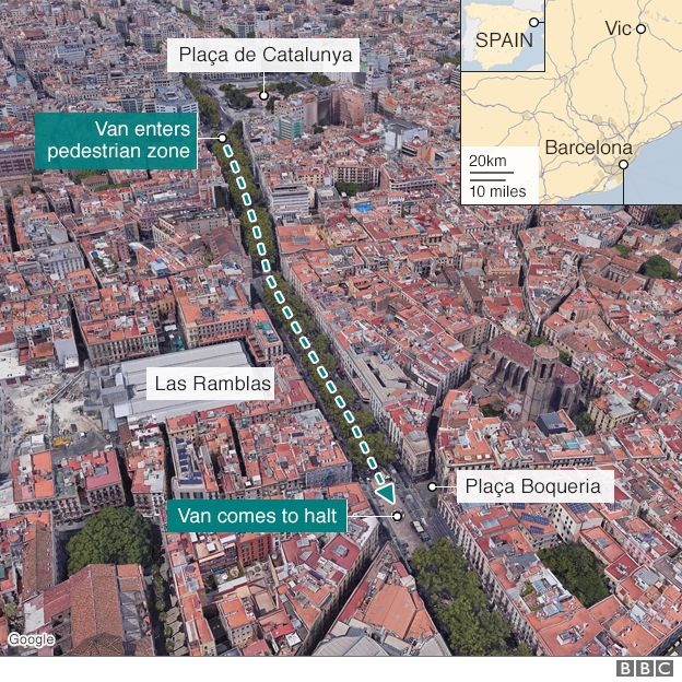 Hiện trường vụ đâm xe khủng bố kinh hoàng ở Barcelona - 1
Vụ tấn công xảy ra tại khu vực Las Ramblas, nơi thường đông khách du lịch, ở thành phố Barcelona (Đồ họa: BBC)