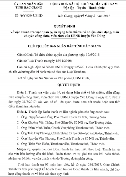 Chủ tịch tỉnh Bắc Giang chỉ đạo lập đoàn thanh tra việc điều động, bổ nhiệm công chức, viên chức - 1 Chủ tịch tỉnh Bắc Giang chỉ đạo lập đoàn thanh tra việc điều động, bổ nhiệm công chức, viên chức - 1
