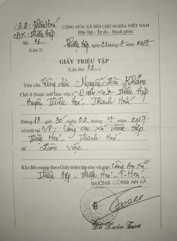 "Chuyện lạ" chuyển đổi ruộng đất ở Thanh Hóa - 2 Giấy triệu tập ông Khảm của công an xã Thiệu Hợp