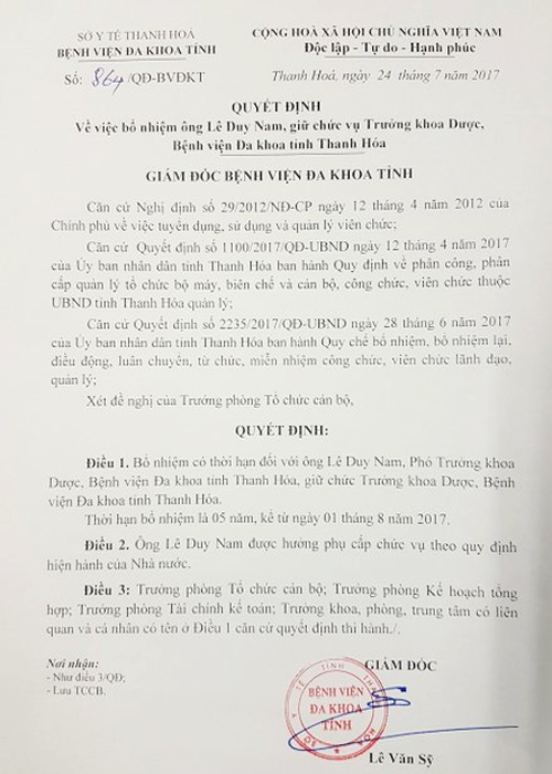 Bệnh viện Đa khoa Thanh Hóa liên tiếp bổ nhiệm lãnh đạo có bằng tại chức - 1 Quyết định bổ nhiệm ông Nam làm Trưởng khoa Dược khi ông Nam chỉ có bằng tại chức