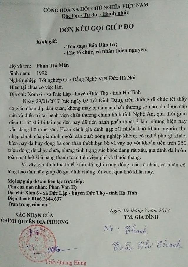 Lá đơn cầu cứu, xin giúp đỡ của gia đình em Mến