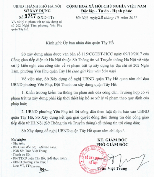 Ban kiểm tra Hội nhà báo Việt Nam đề nghị xử lý tố cáo vi phạm trật tự xây dựng - 2
Sở Xây dựng đề nghị quận Tây Hồ kiểm tra kiến nghị xử lý vi phạm trật tự xây dựng.