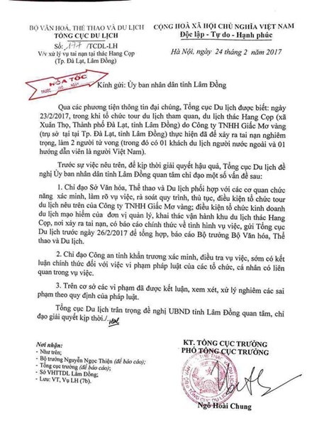 Khẩn trương điều tra vụ 2 người tử nạn khi vượt thác ở Đà Lạt - 2 Công văn hỏa tốc của Tổng cục Du lịch gửi UBND tỉnh Lâm Đồng