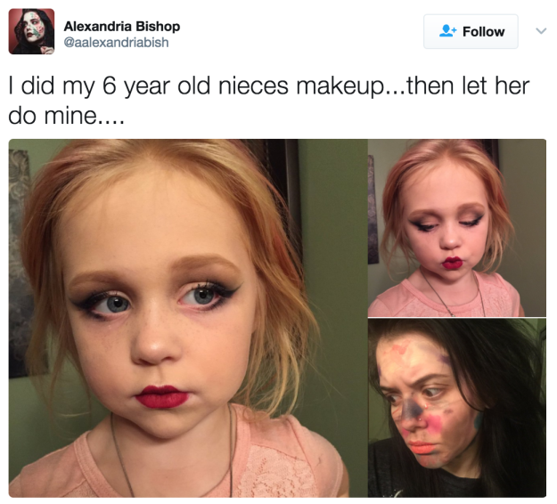 
mình trang điểm cho đứa cháu 6 tuổi, rồi nó trang điểm cho mình đây...
