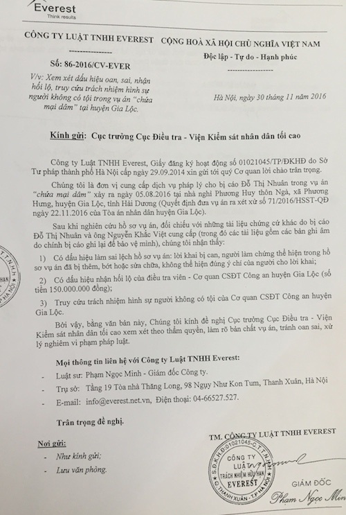 
Công ty luật gửi công văn đề nghị Cục điều tra VKSND Tối cao xem xét dấu hiệu oan sai, nhận hối lộ trong vụ án.

