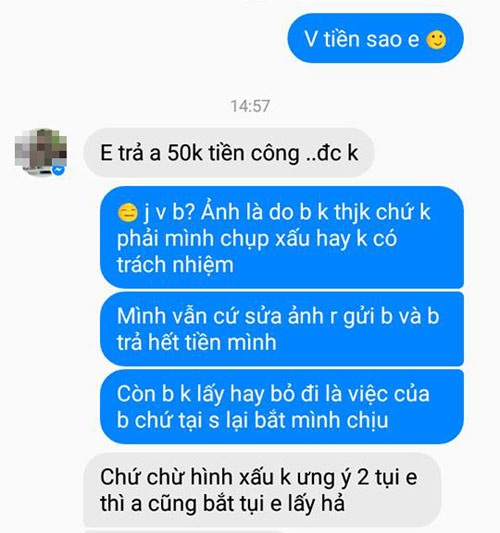 Tranh cãi vụ thợ ảnh bị khách “ép giá” 50.000 đồng cho buổi chụp - 2 Những tin nhắn tranh cãi qua lại về giá cả, ảnh đẹp - xấu giữa hai bên.