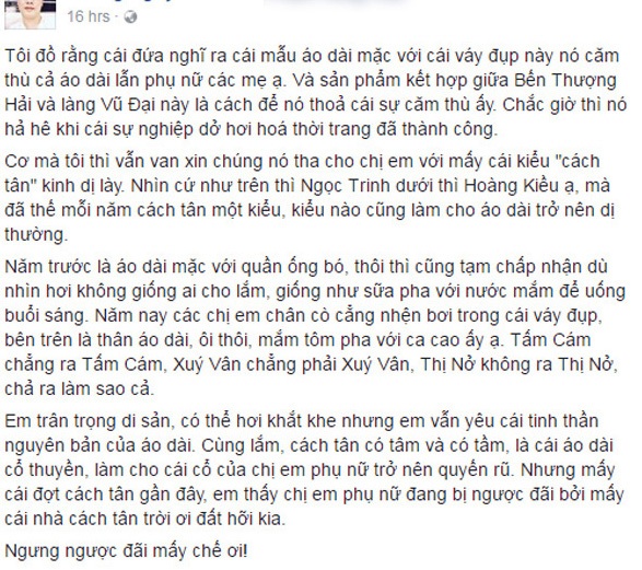 Tranh cãi: Áo dài cách tân "như mắm tôm pha với ca cao"? - 1
Quan điểm gây nhiều tranh cãi của facebook Hoàng Nguyên Vũ