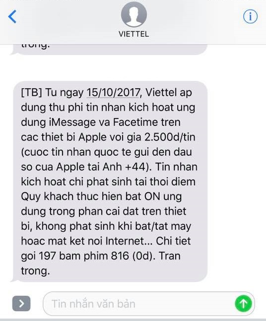 Thực hư chuyện nhà mạng thu phí kích hoạt iMessage và Facetime? - 1 Tin nhắn Viettel gửi đến khách hàng