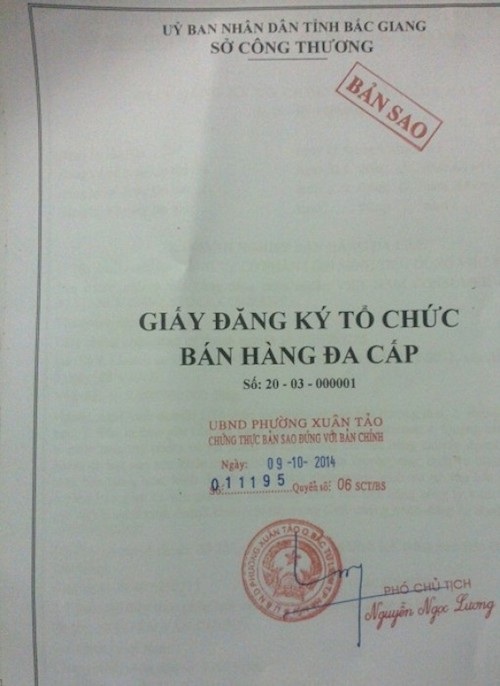 Giám đốc Sở Công thương nhận kết luận sai phạm về quyết định ký khi là chủ tịch huyện - 3
Hồ sơ cấp phép cho tập đoàn đa cấp Liên minh tiêu dùng Việt Nam được Sở Công thương tỉnh Bắc Giang cấp phép trái luật.
