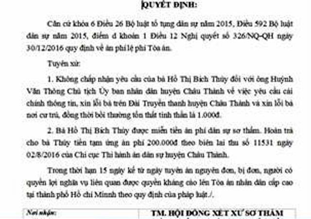 Dân kiện Chủ tịch huyện đòi bồi thường danh dự… 1.000 đồng - 2
Từ nhưng hồ sơ có được, TAND tỉnh Đồng Tháp bác toàn bộ yêu cầu của bà Hồ Thị Bích Thủy