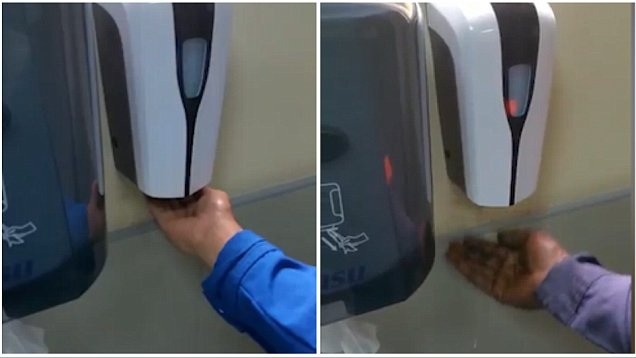 Video bình xịt xà phòng “phân biệt chủng tộc” gây tranh cãi - 1 Hai bàn tay của người da trắng và người da màu cùng đặt dưới bình xịt tự động nhưng chỉ một người nhận được xà phòng nhả ra (Ảnh: Dailymail)