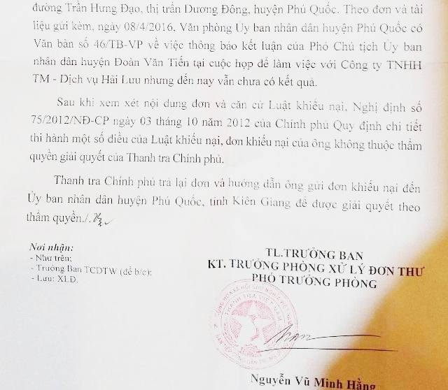 Doanh nghiệp “cướp” đường công cộng: Chính quyền bất lực? - 11 Ban Tiếp công dân Trung ương (thuộc Thanh tra Chính phủ) chuyển đơn của người dân đến UBND huyện Phú Quốc giải quyết theo thẩm quyền.