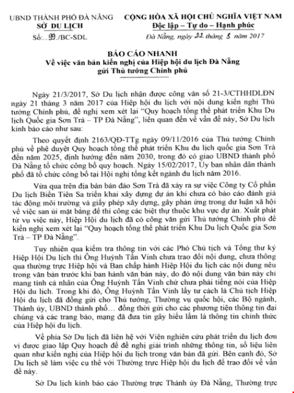 “Tâm thư” gửi Thủ tướng là ý kiến cá nhân Chủ tịch Hiệp hội du lịch Đà Nẵng - 4
Báo cáo của Sở Du lịch Đà Nẵng cho biết, qua kiểm tra, văn bản của Hiệp hội Du lịch Đà Nẵng ký gửi Thủ tướng ngày 21/3 là ý kiến cá nhân của ông Huỳnh Tấn Vinh - Chủ tịch Hiệp hội Du lịch Đà Nẵng.