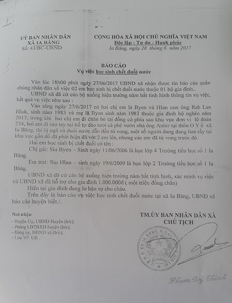 Đi chăn bò, 2 chị em ruột bị đuối nước thương tâm - 1 Báo cáo nhanh của UBND xã Ia Băng về 2 em học sinh bị đuối