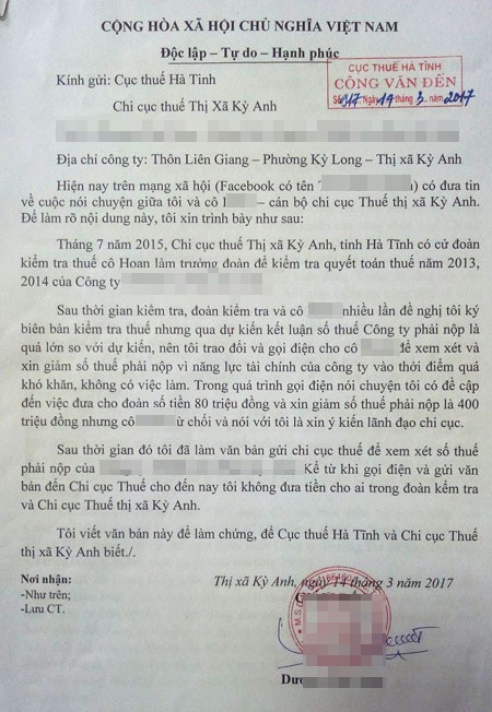 Xôn xao đoạn ghi âm tố cán bộ thuế “làm luật” doanh nghiệp - 2
Báo cáo của ông N. gửi Cục Thuế Hà Tĩnh cho biết sau cuộc trao đổi đó ông chưa đưa tiền cho đoàn kiểm tra thuế thị xã Kỳ Anh.