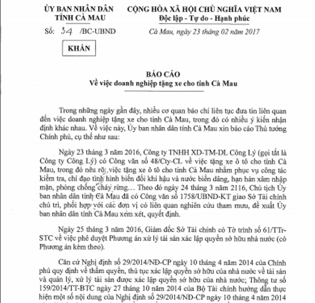 Cà Mau báo cáo “khẩn” Thủ tướng việc doanh nghiệp tặng xe Lexus - 1 Báo cáo khẩn của UBND tỉnh Cà Mau đến Thủ tướng Chính phủ về việc doanh nghiệp tặng 2 xe ô tô cho tỉnh này.