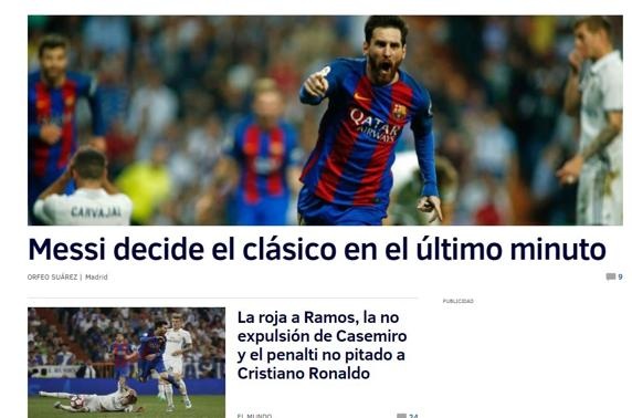 Báo chí thế giới ngả mũ trước màn trình diễn siêu đẳng của Messi trước Real Madrid - 2 Messi đã quyết định trận Siêu kinh điển ở phút cuối cùng - dòng tít trên tờ El Mundo