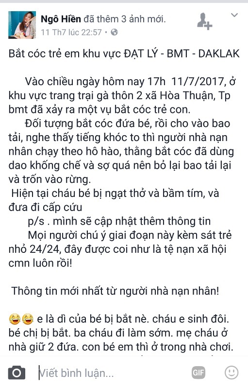 Công an bác tin đồn bắt cóc trẻ em được đăng tải trên mạng xã hội - 1
Tài khoản facebook Ngô Hiền đăng tải nội dung bé gái bị bắt cóc không có thực gây hoang mang dư luận