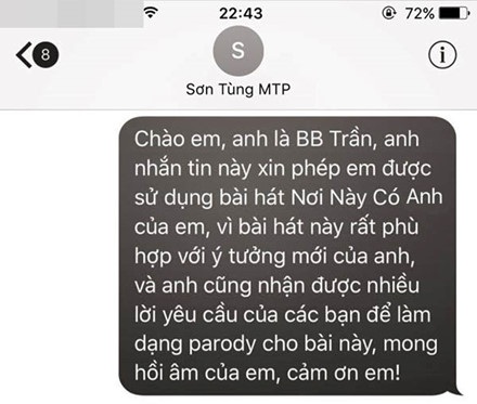 BB Trần từng chia sẻ tin nhắn anh gửi cho Sơn Tùng để xin phép sử dụng bài hát làm clip parody