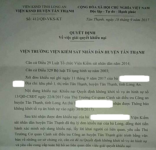 Viện KSND khẳng định không khởi tố vụ bà mẹ bị hiếp dâm 2 lần - 2 Quyết định của Viện KSND huyện Tân Thạnh