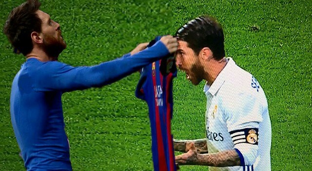 Chùm ảnh vui về “ông vua” Messi hủy diệt Real Madrid - 6 Messi giơ áo để khiêu khích bò tót Sergio Ramos