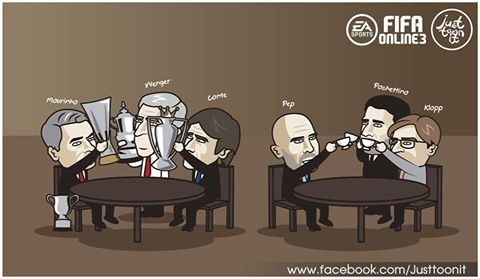 Ba HLV có danh hiệu là Mourinho, Conte, Wenger ngồi một mâm. Còn lại, Pep Guardiola, Klopp, Pochettino ngồi mâm còn lại