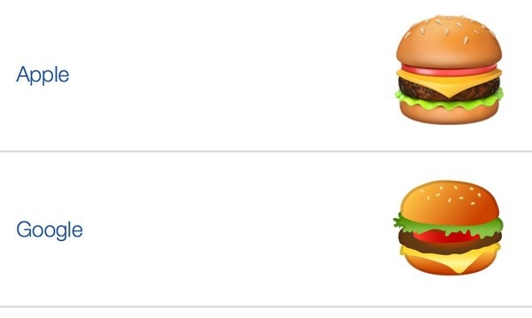 Hình ảnh so sánh biểu tượng chiếc bánh burger phô mai của Apple và Google, với sự khác biệt với vị trí đặt miếng phô mai màu vàng