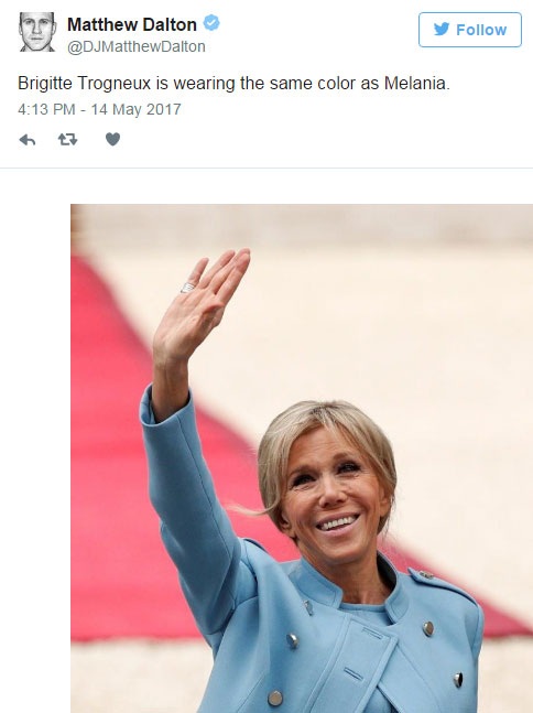 Cư dân mạng so sánh váy của phu nhân Tổng thống Pháp với Melania Trump - 5
Cư dân mạng đã nhanh chóng nhận ra rằng bộ đồ của bà Brigitte Trogneux giống màu bộ trang phục của Đệ nhất phu nhân Mỹ Melania Trump trong lễ nhậm chức của chồng bà hồi tháng 1. (Ảnh: Twitter)
