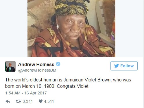 Gặp gương mặt mới của ngôi vị "người già nhất thế giới" - 2
Thủ tướng Jamaica Andrew Holness chúc mừng cụ Brown trên Twitter.