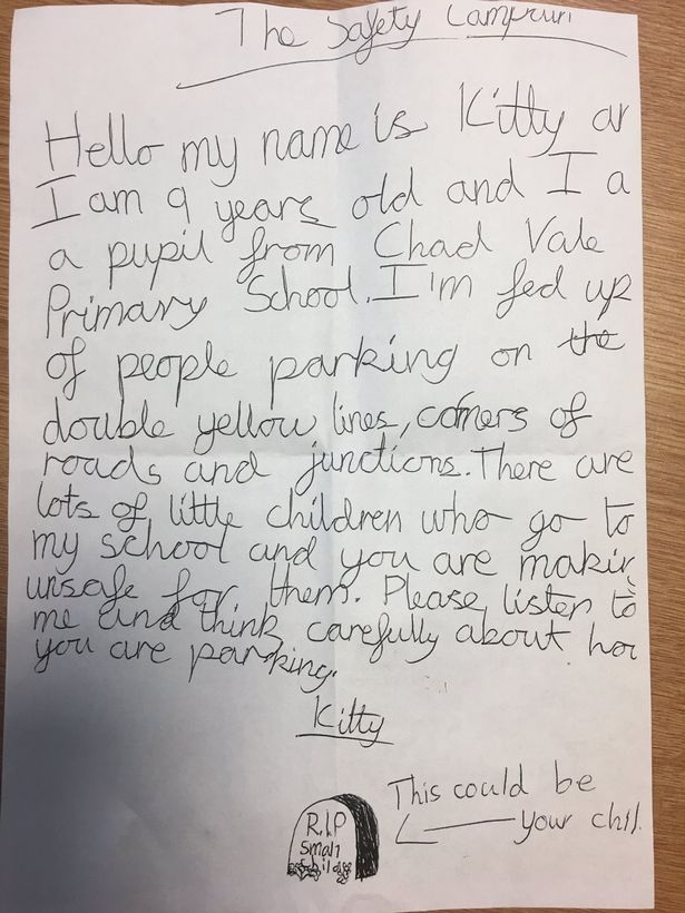 Bức thư của cô bé 9 tuổi Kitty gửi các tài xế đỗ xe trái phép.