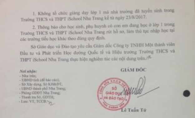 Sở GD-ĐT tỉnh Khánh Hòa ra văn bản tuýt còi về việc dạy chui lớp 1 ở Trường THCS và THPT iSchool Nha Trang