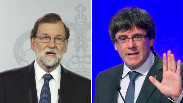 Tây Ban Nha có thể tung vũ khí pháp lý để ngăn Catalonia "dứt áo" ra đi - 1
Thủ tướng Tây Ban Nha Mariano Rajoy (trái) và lãnh đạo Catalonia Carles Puigdemont (Ảnh: GETTY IMAGES/AFP)