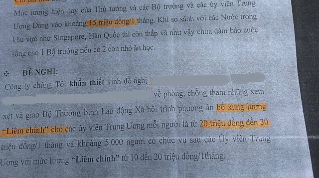 Bị một nhóm doanh nghiệp quấy nhiễu, Bộ Kế hoạch và Đầu tư kêu cứu Thủ tướng - 1
Văn bản của một doanh nghiệp kiến nghị tăng lương cho các Ủy viên Trung ương Đảng