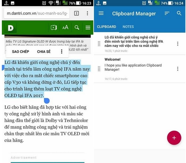 Thủ thuật giúp dễ dàng xử lý văn bản trên smartphone - 2 Đoạn nội dung văn bản được sao chép sẽ được lưu trong bộ nhớ của Clipboard Manager