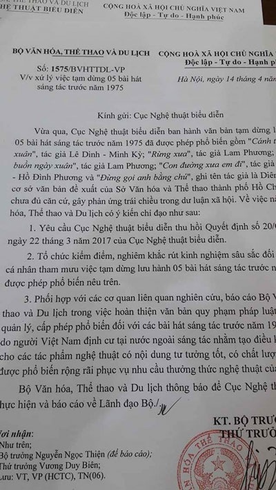 Cục Nghệ thuật Biểu diễn thu hồi quyết định tạm dừng 5 ca khúc - 2 Bộ VH, TT&DL gửi Cục Nghệ thuật Biểu diễn yêu cầu thu hồi quyết định tạm dừng lưu hành 5 bài hát sáng tác trước 1975.
